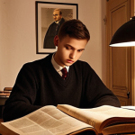**

A young, determined law student in Poland, surrounded by thick law books and legal documents, studying diligently under a warm lamp in a cozy apartment in Warsaw. The setting should feel very Polish, perhaps with a "pierogi" recipe visible in the background or a poster for a Polish film. The feeling should be of dedication and ambition towards a challenging goal.

**