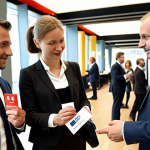 **

A modern lawyer confidently networking at a bustling international conference in Berlin, dressed in business attire, exchanging business cards with professionals from various countries. Focus on a scene of professional connection and global opportunity, perhaps with the German flag subtly in the background.

**