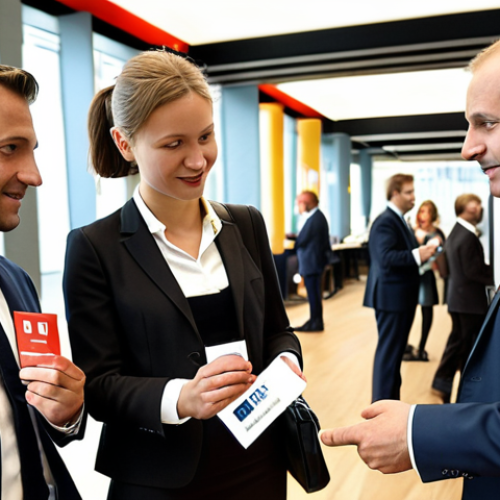 **

A modern lawyer confidently networking at a bustling international conference in Berlin, dressed in business attire, exchanging business cards with professionals from various countries. Focus on a scene of professional connection and global opportunity, perhaps with the German flag subtly in the background.

**