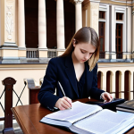 ** A young, ambitious Polish law student studying at the University of Warsaw, surrounded by textbooks on international law and EU regulations.  She is also reviewing documents on her laptop while taking notes with a stylish pen, surrounded by a background showcasing the historic architecture of Warsaw.

**