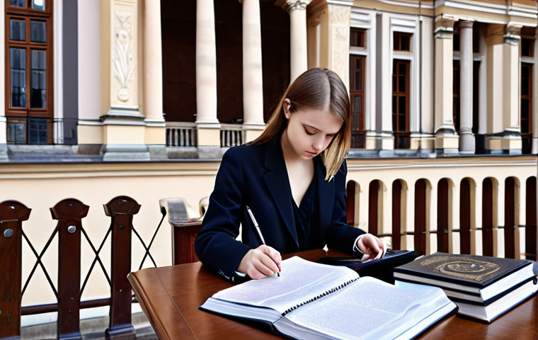 ** A young, ambitious Polish law student studying at the University of Warsaw, surrounded by textbooks on international law and EU regulations.  She is also reviewing documents on her laptop while taking notes with a stylish pen, surrounded by a background showcasing the historic architecture of Warsaw.

**